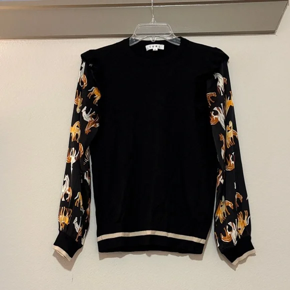 THML Black Ruffle Sweater w/ Horse Print Sleeveless SZ S EUC - Picture 2 of 6